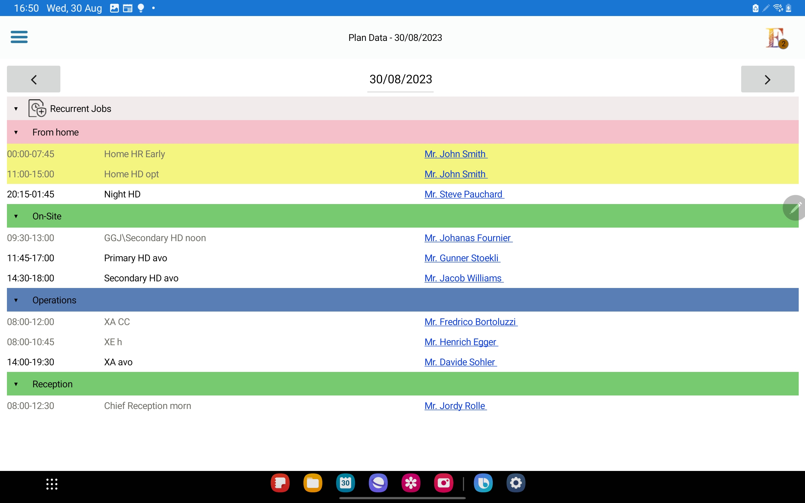 Work schedule on Mobile device