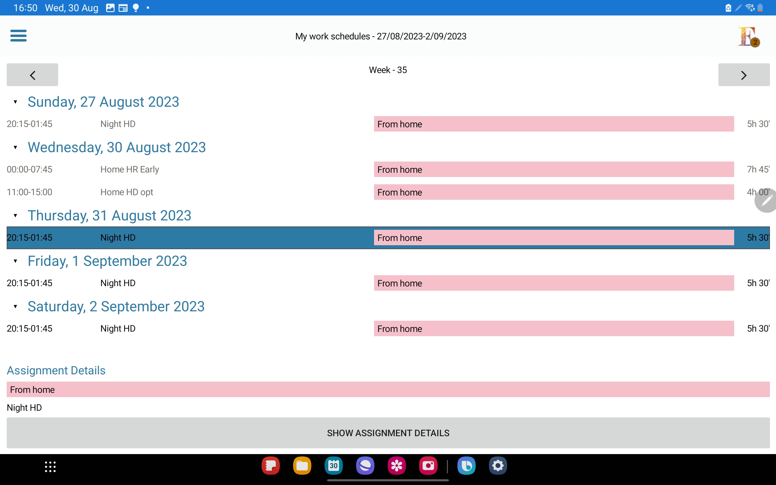 Work schedule on Mobile device